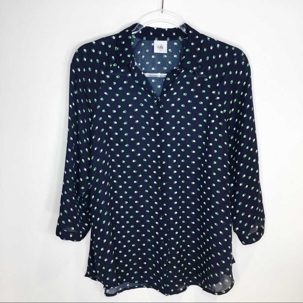 CAbi #5019 Womens Size XS Martini Blouse Button Up Navy Blue Green Preppy‎ Core